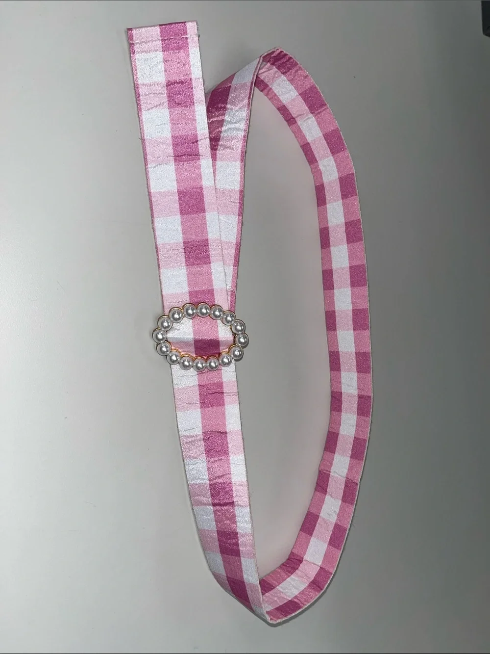 Source Unknown Pink and White Gingham Pearl Buckle Belt